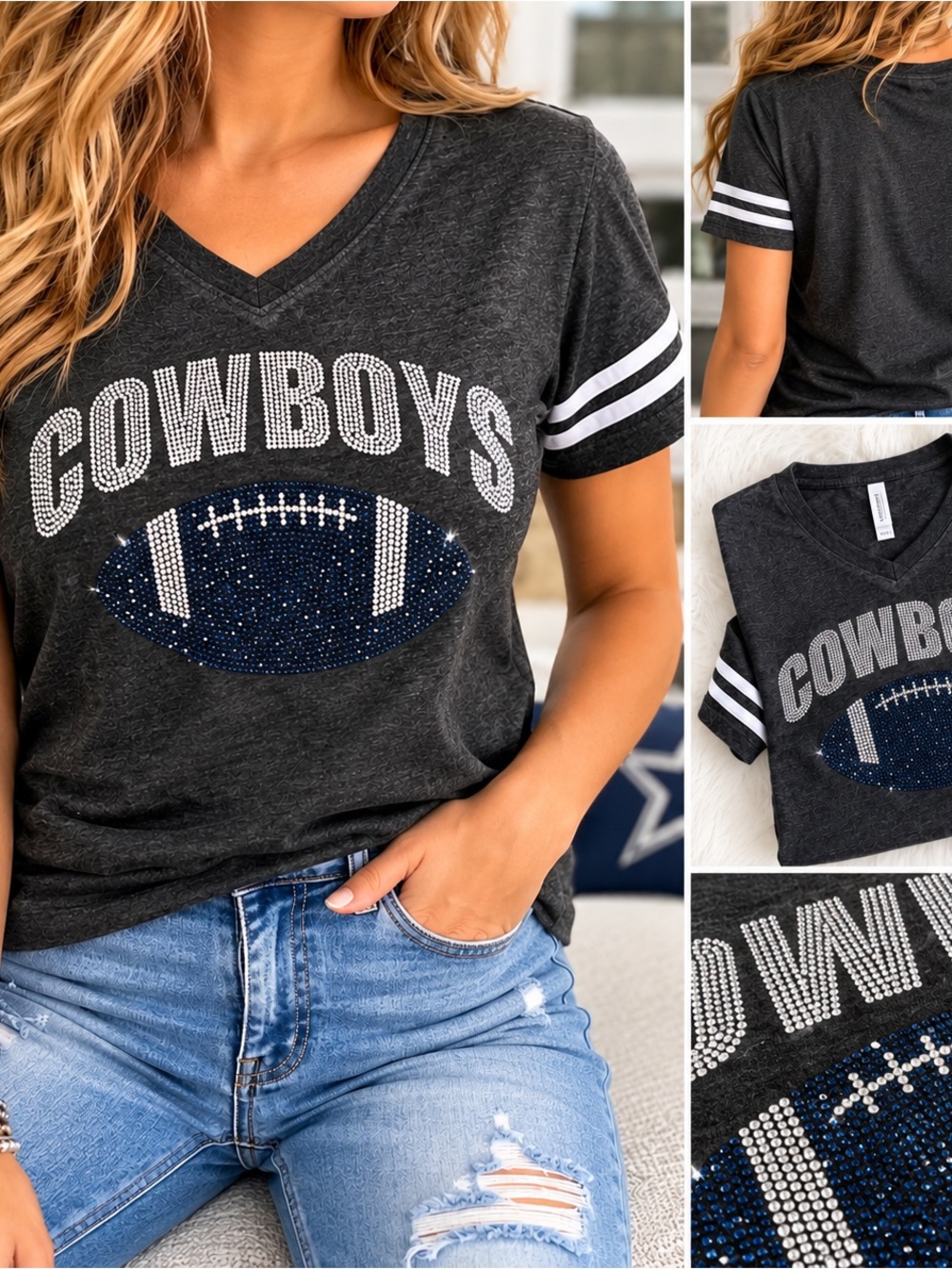 Dallas Cowboys Rhinestone Football V-neck Game Day Shirt